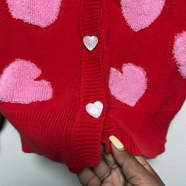 33 Degrees Women Novelty Cardigan Sweater XS Pink Hearts V-Neck Oversized Casual - Image 5