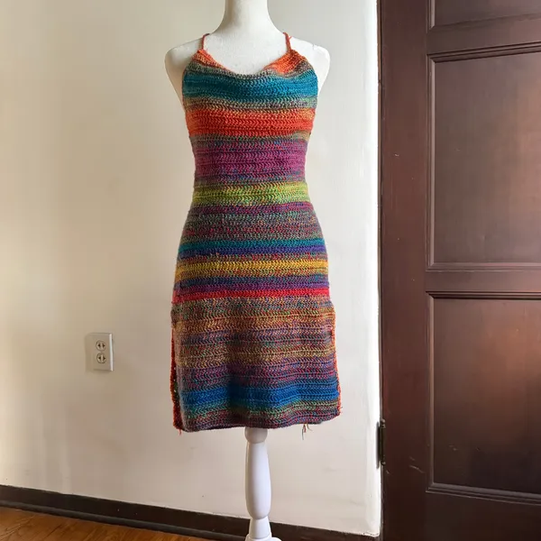 HANDMADE CROCHET Rainbow Stripe Strappy Back Mini Dress Swim Cover up M/L - Image 2
