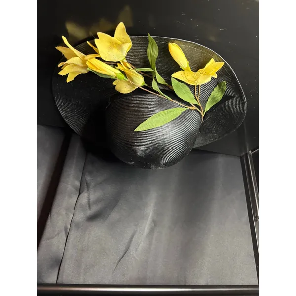 Vintage Betmar New York Black Wide Brim Sun Hat Yellow Floral Velvet Ribbon NWT - Image 5