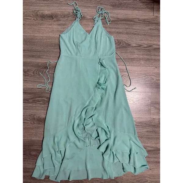 Maxi Wrap Dress Size L Mint Green Ruffle High-Low Cottagecore Coastal Romantic - Image 5