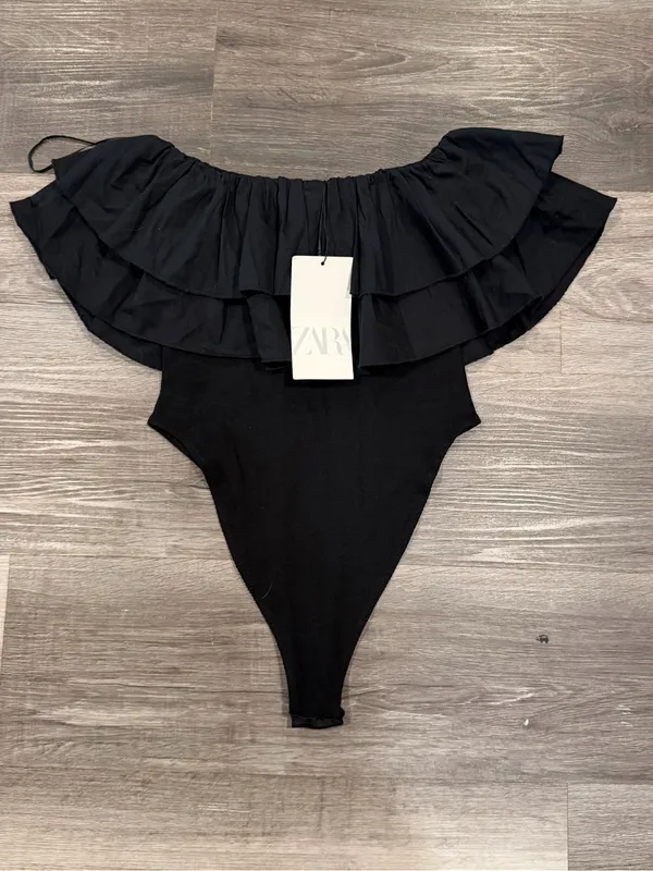 Zara Women's Black Off Shoulder Ruffled Bodysuit Size M NWT - Image 7
