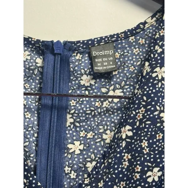 Droimp Blue Floral Print‎ Button Up V Neck Short Sleeve Midi Dres M - Image 6