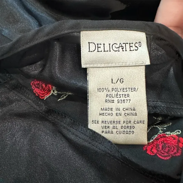 Vintage‎ Delicates Black Satin Slip Dress with Red Rose Floral Embroidery Size L - Image 5