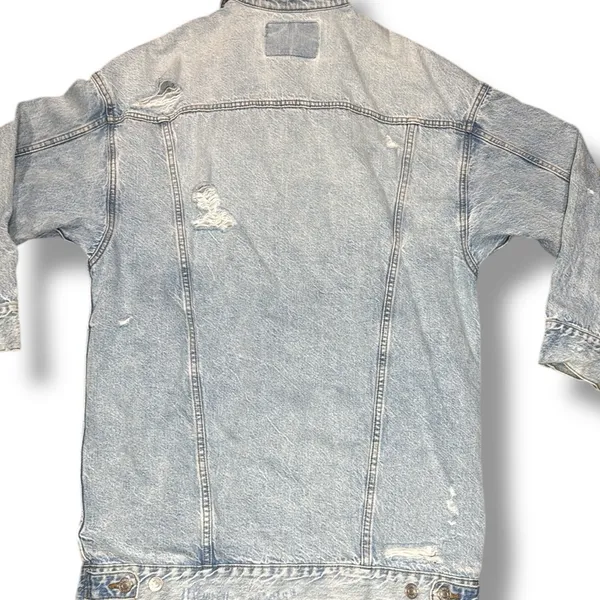 American Eagle‎ Denim Jacket Sz Small Trucker Type III 3 Ripped Distressing Long - Image 5