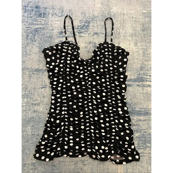 Venus Black White Polka Dot Ruched Sweetheart Ruffle Neckline Cami Tank Small - Image 3