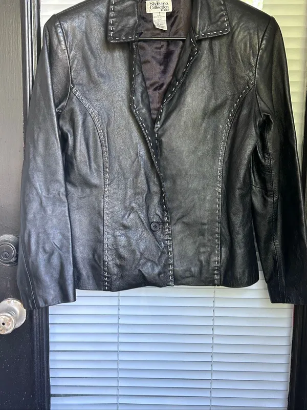 Vintage Style & Co Collection Petite Black Leather Whip stitching Jacket S - Image 11
