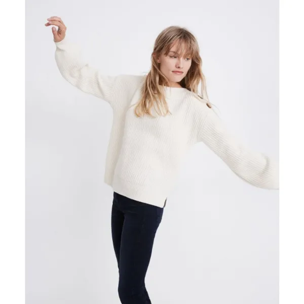 Madewell Boatneck Button Shoulder Sweater White Ribbed Knit Size Small - Image 2