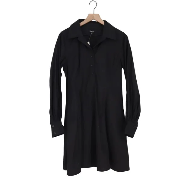 Madewell Seamed Mini Shirt Dress Womens 8 Black Cotton Long Sleeve Spread Collar - Image 2