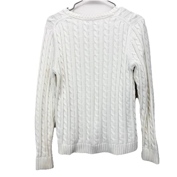 LL Bean Ivory Pullover Cable Crew‎ Neck Long Sleeve Cotton Sweater Size MEDIUM - Image 7