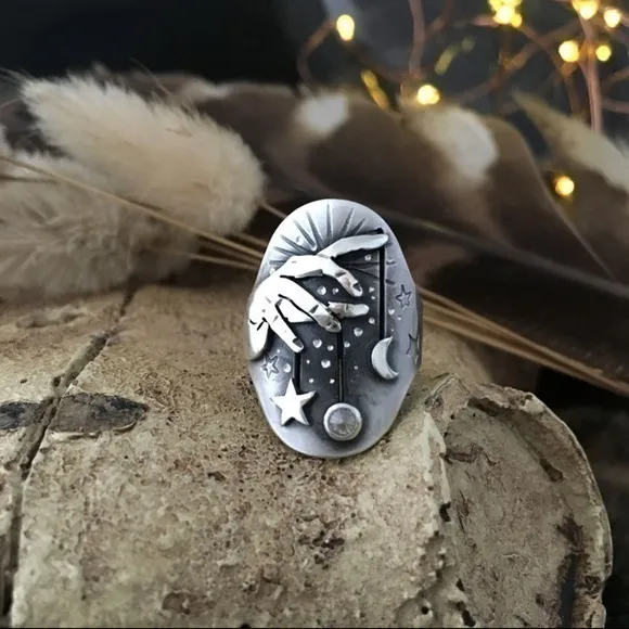 NEW Celestial Moon Star Faux Silver Statement Ring Sz 7 Witchy Gothic Grunge Alt - Image 3