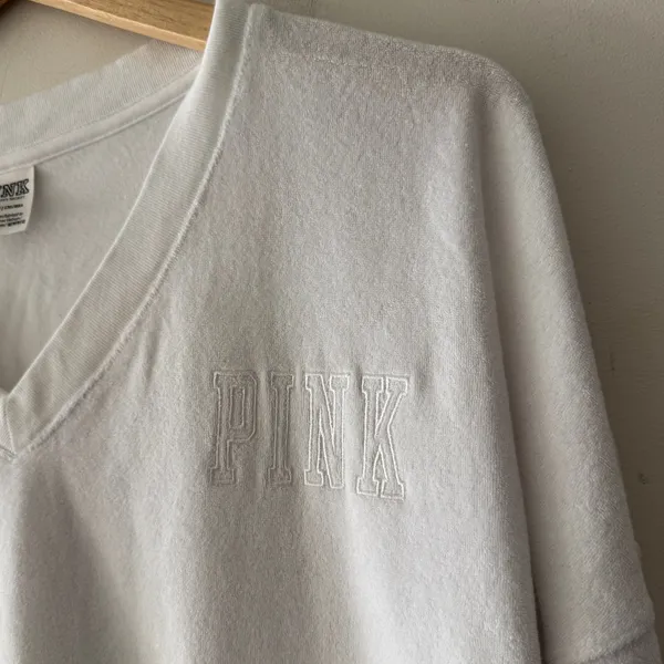 PINK by Victoria’s Secret White Terry Cloth Long Sleeve V Neck Top Y2K Vibes‎ - Image 2