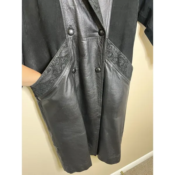 Women's Leather Coat Long Trench Black Patchwork Gothic Print Whimsigoth Moto 80 - Image 6