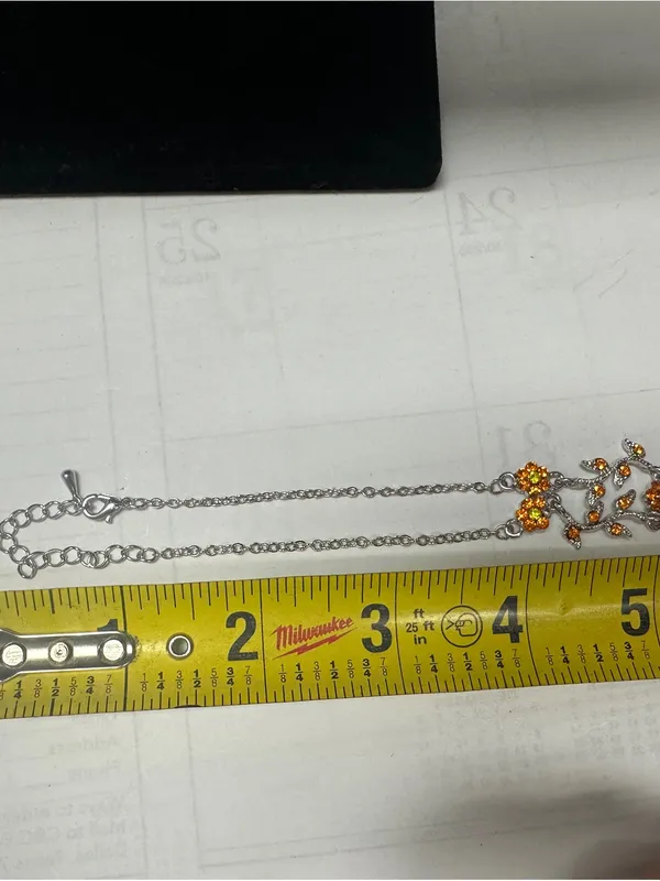 Silver Floral Bracelet with Bright Orange Crystal Accents - Image 9