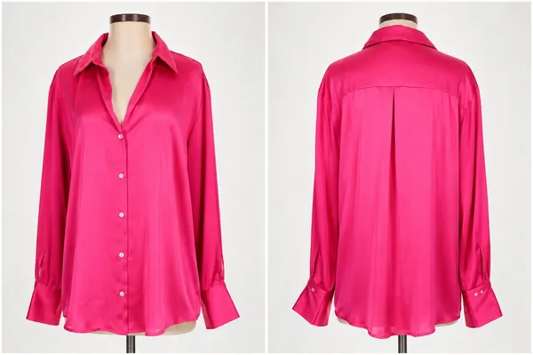 Zara Hot Pink Satin Button-Down Blouse Wide Cuffs Size Medium🎀 - Image 8