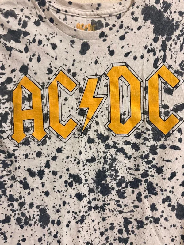 AC/DC White Tee with Yellow Logo and Black Splatter Sz S - Image 3