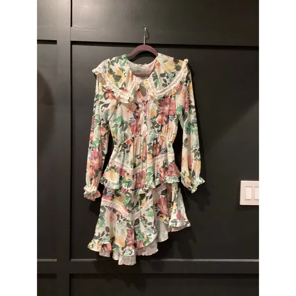 FOR LOVE AND LEMONS Bailey Floral Asymmetrical long sleeve ruffle mini Dress S - Image 3