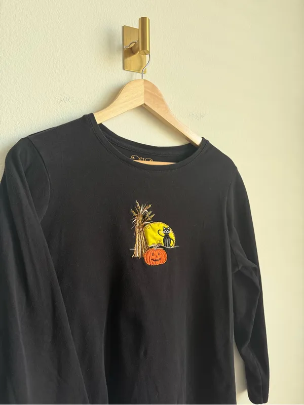 Vintage Women's Halloween Black Embroidered Cat Pumpkin Long Sleeve Top 1X - Image 3