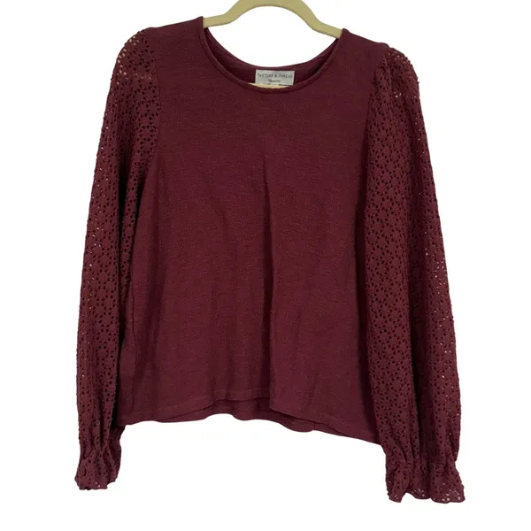 Madewell Texture & Thread Burgundy Knit Puff Sleeve Sweater Womens M Fall Eyelet - Image 2