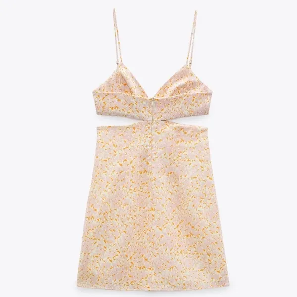 Zara Floral Linen Blend Cut-out Mini Pink Strappy Dress Small - Image 3