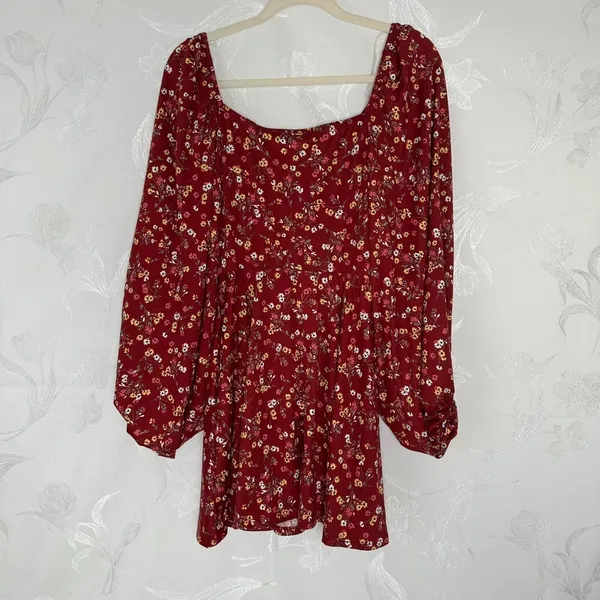 Stilletto's Size-L Dress Burgundy Mini Floral‎ Ballon Sleeves Pockets - Image 2