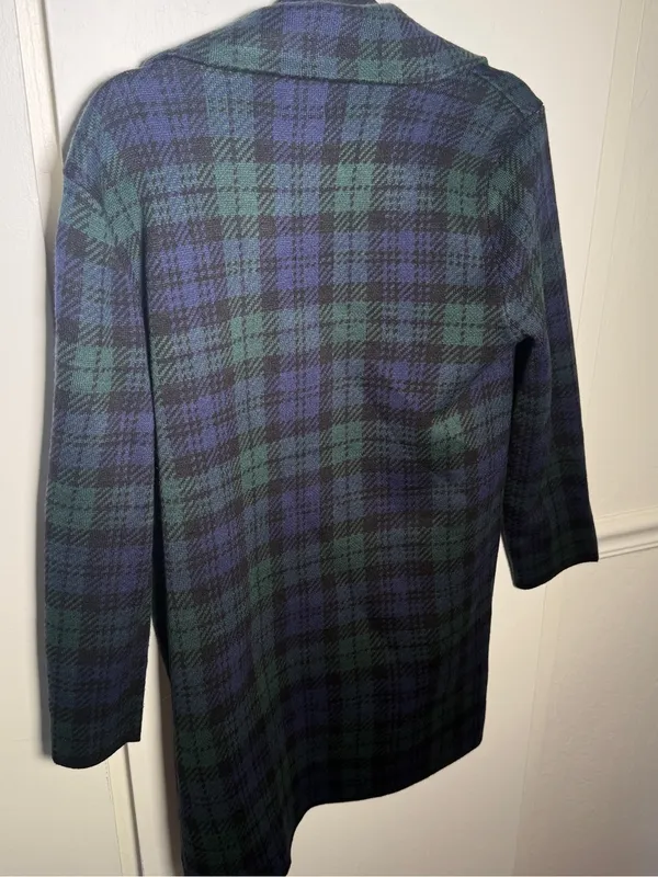 Ann Klein Double-Breasted Green & Navy Plaid Sweater Peacoat Cardigan Medium - Image 8