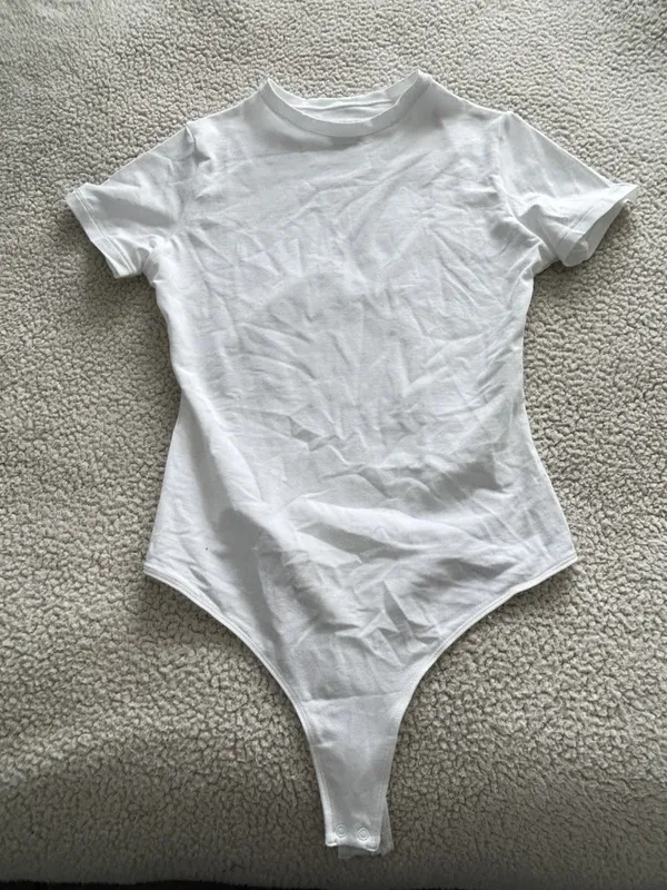 Quince Organic Cotton Stretch Crew Neck Short Sleeve Bodysuit White Size M - Image 8