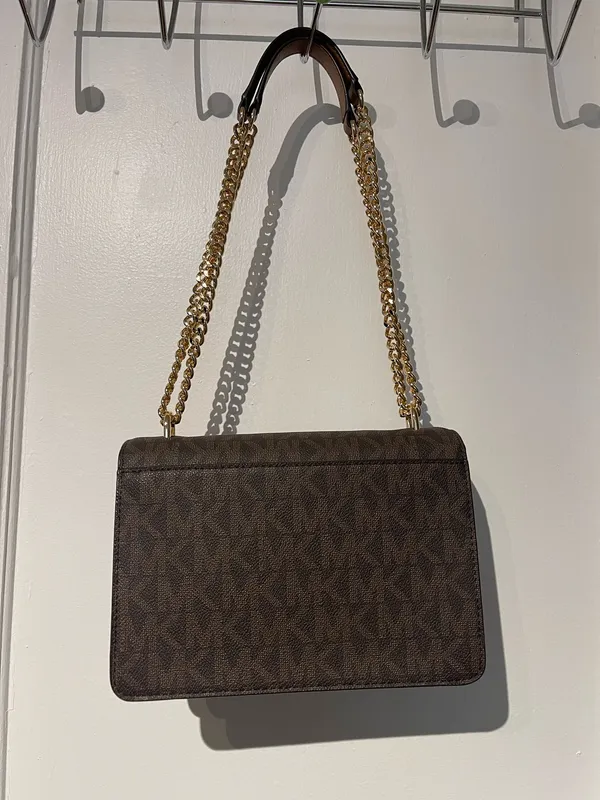 Michael Kors Brown Logo-Print Shoulder Bag with Light Brown Accent and Gold Chain - Image 2
