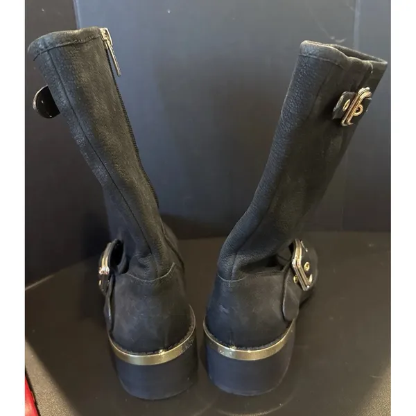 Vince Camuto Womens 8.5 Windy Moto Boots Black Leather Gold Buckle Mid Calf - Image 8