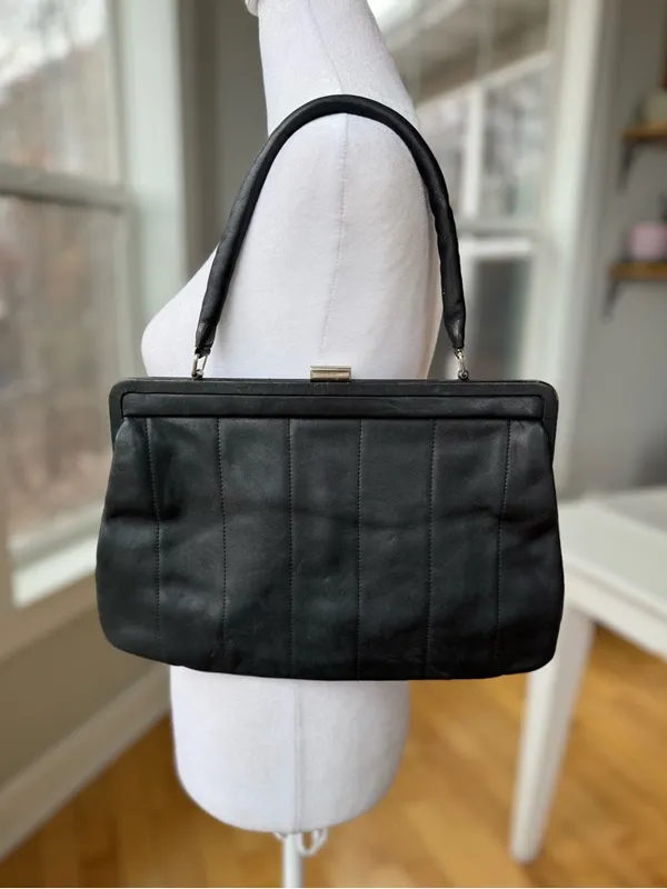 Vintage 60s 70s Black Leather Shoulder Bag Purse - Image 9