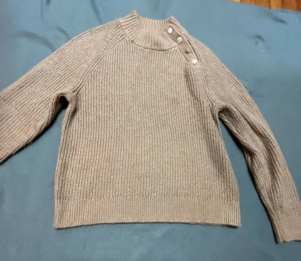 J.Crew Rib-Knit Mockneck Sweater Size M Tan Cotton Blend Button Shoulder - Image 2