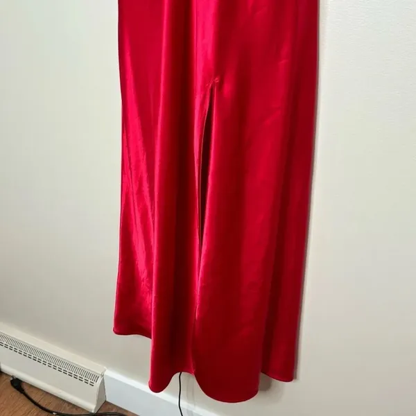 Vintage Victoria’s Secret Y2k Silky Slit Red Maxi Slip Dress Rosette Lace Medium - Image 6