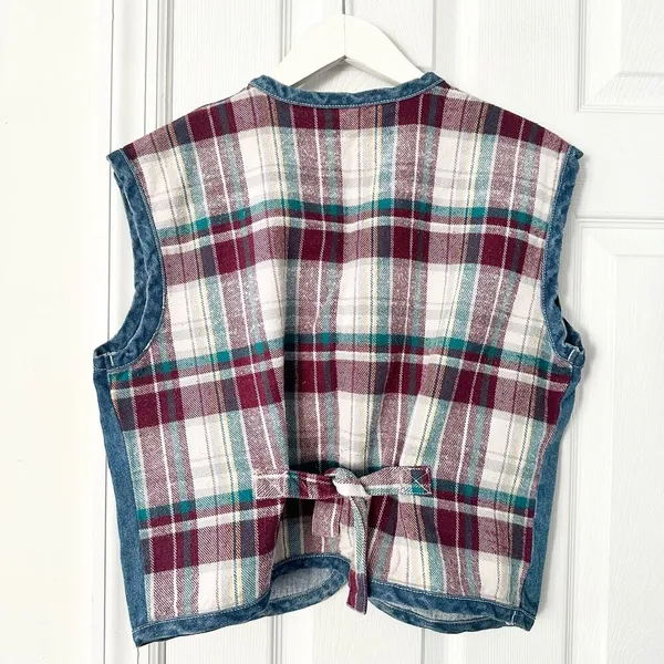 Metro Express Vintage Denim Chambray Red Plaid Flannel Back Button Vest L 14/16 - Image 7