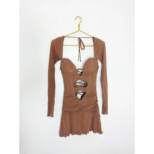 NWT Outcast Aubrey Long Sleeve Mini Dress Tan Corset Festival Sexy Size Small - Image 4