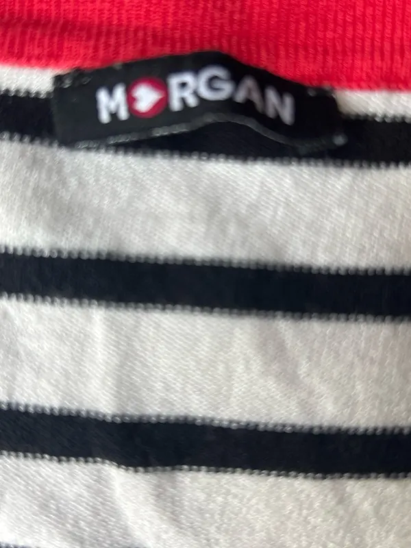 Morgan de toi France Striped Black and White Sweater Cardigan with Red Trim - Image 5