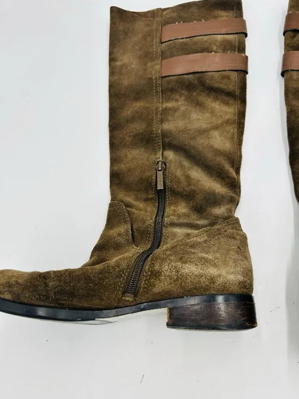 Nine West Taupe Brown Suede Tumble Tall Riding Boots Sz 9 Double Buckle - Image 10