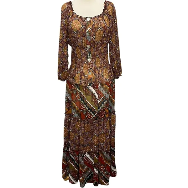 Anthropologie Fig And Flower Maxi Dress L Petite Multi Paisley Sheer Tiered Boho - Image 2