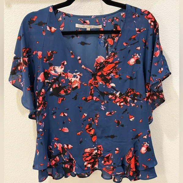 NWOT RACHEL Rachel Roy Blue Floral Flutter Sleeve Blouse Size Large - Image 4