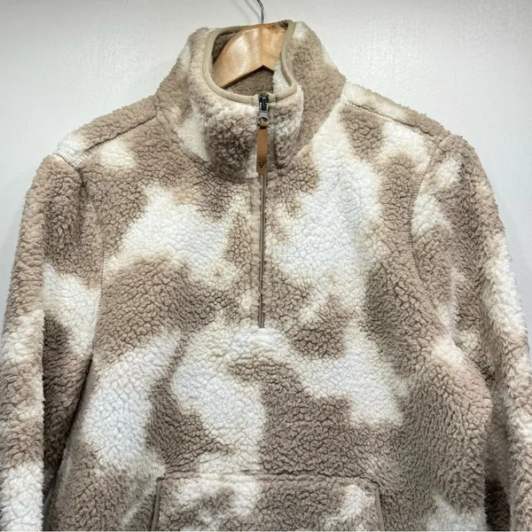 LIV Outdoor Aisley Tan & Cream Cow Print Sherpa Half Zip Pullover Pockets Size L - Image 3
