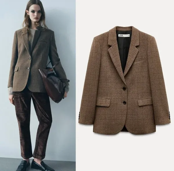 Zara Brown Wool Blend Checkered Heritage Academic Blazer NWT Size XS - Image 2