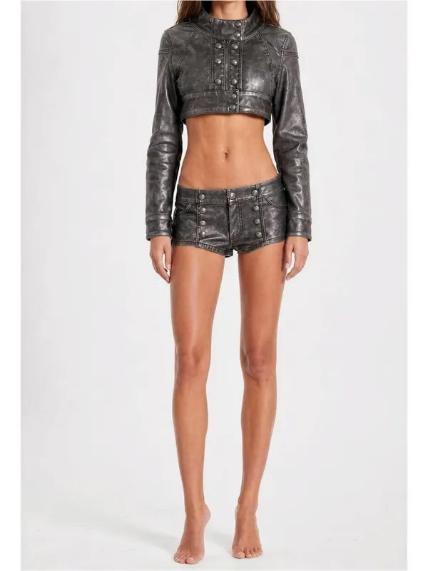 JADED LONDON Alektra Military Faux Leather Crop Jacket, Metallic Black, Medium - Image 3