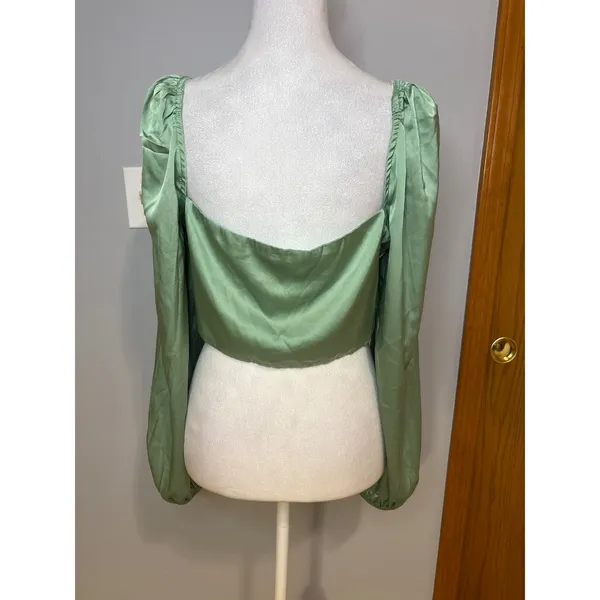 Princess Polly Sage Green Satin‎ Lace Trim Long Sleeve Festival Crop Top US 8 - Image 5