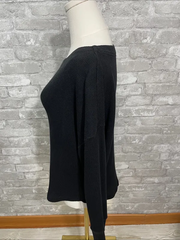Anthropologie Akemi + Kin Black Waffle-Knit Boatneck Long Sleeve Top - Image 2
