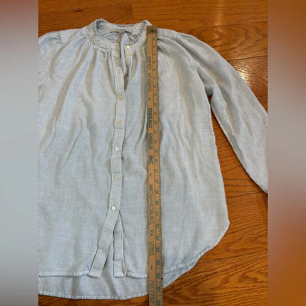 LOFT Blue Striped Ruffle Collar Button Down Coastal Blouse M - Image 4