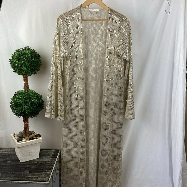 Caramela Tan & Gold Metal Embellished Open Front Sheer Duster Sweater L - Image 2