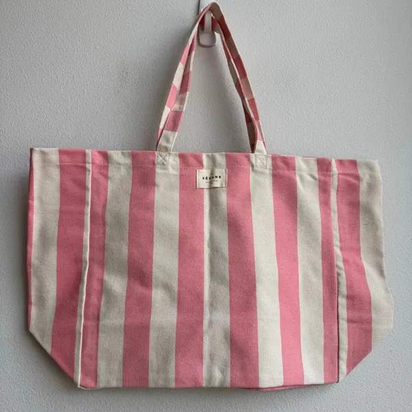 Sezane Paris Rue Large Pink White Stripe Shopper Tote Book Bag Fits All Cotton - Image 2