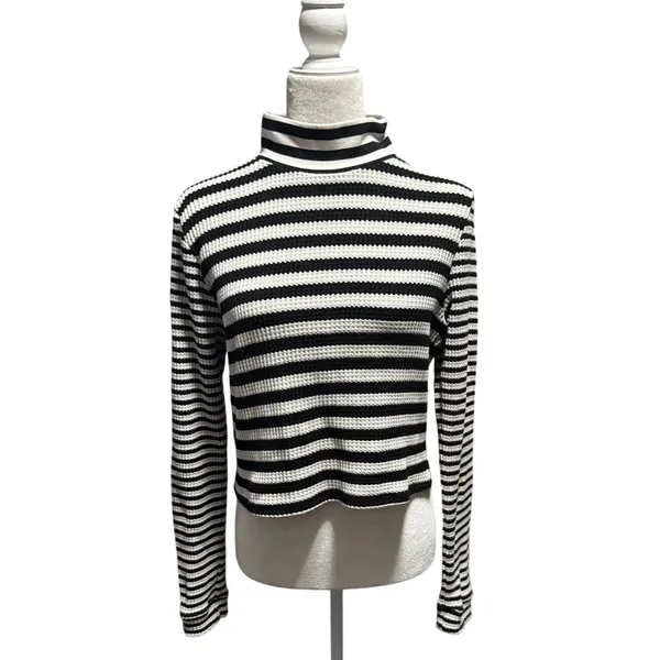 Aerie Black White Stripe Textured Waffle Knit Long Sleeve Mock Neck XL - Image 2