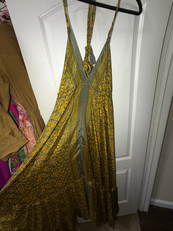 Indian Silk Halter Maxi Dress Yellow - Image 7