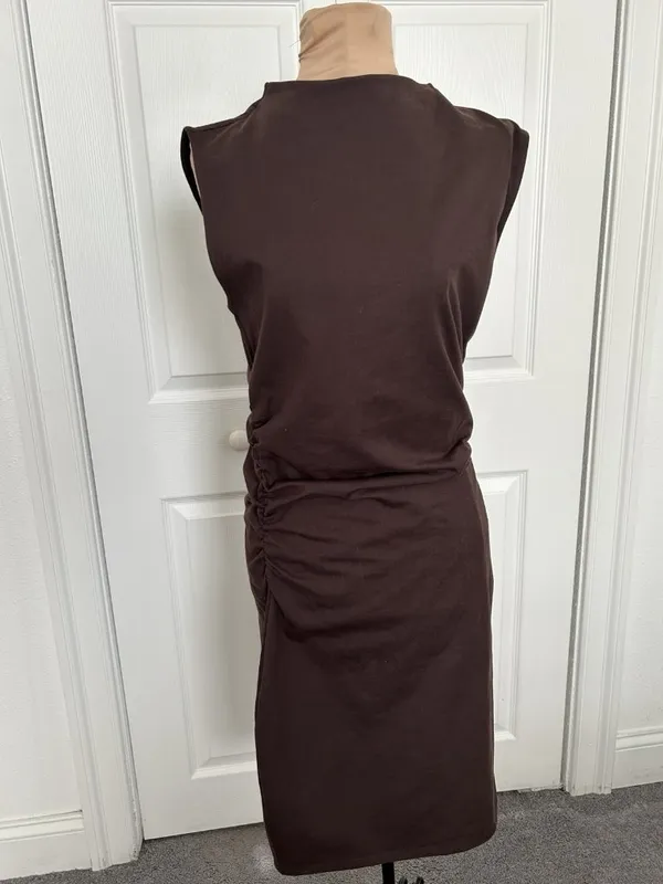 Quince Stretch Cotton Jersey Mock Neck Mini Dress Espresso Brown Sz M - Image 2