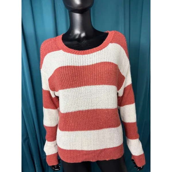 American‎ eagle Striped Knit Sweater Coral White Oversized Casual Cozy Top M - Image 2