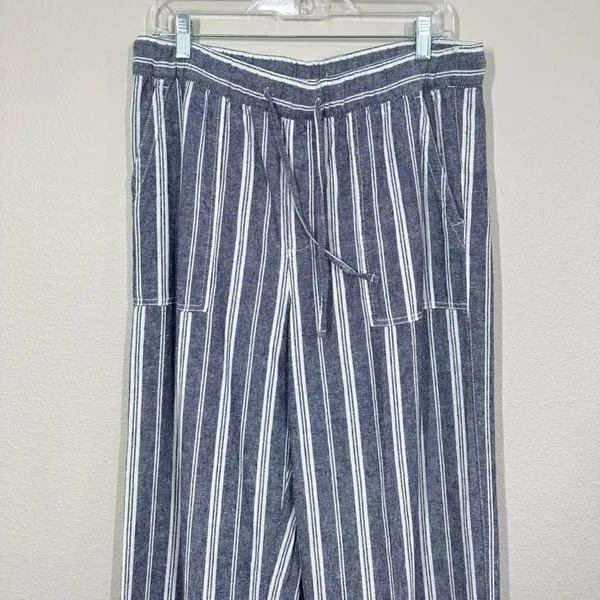 Gap Women's Medium Blue White Striped Linen Blend Wide Leg Drawstring Pants - Image 2